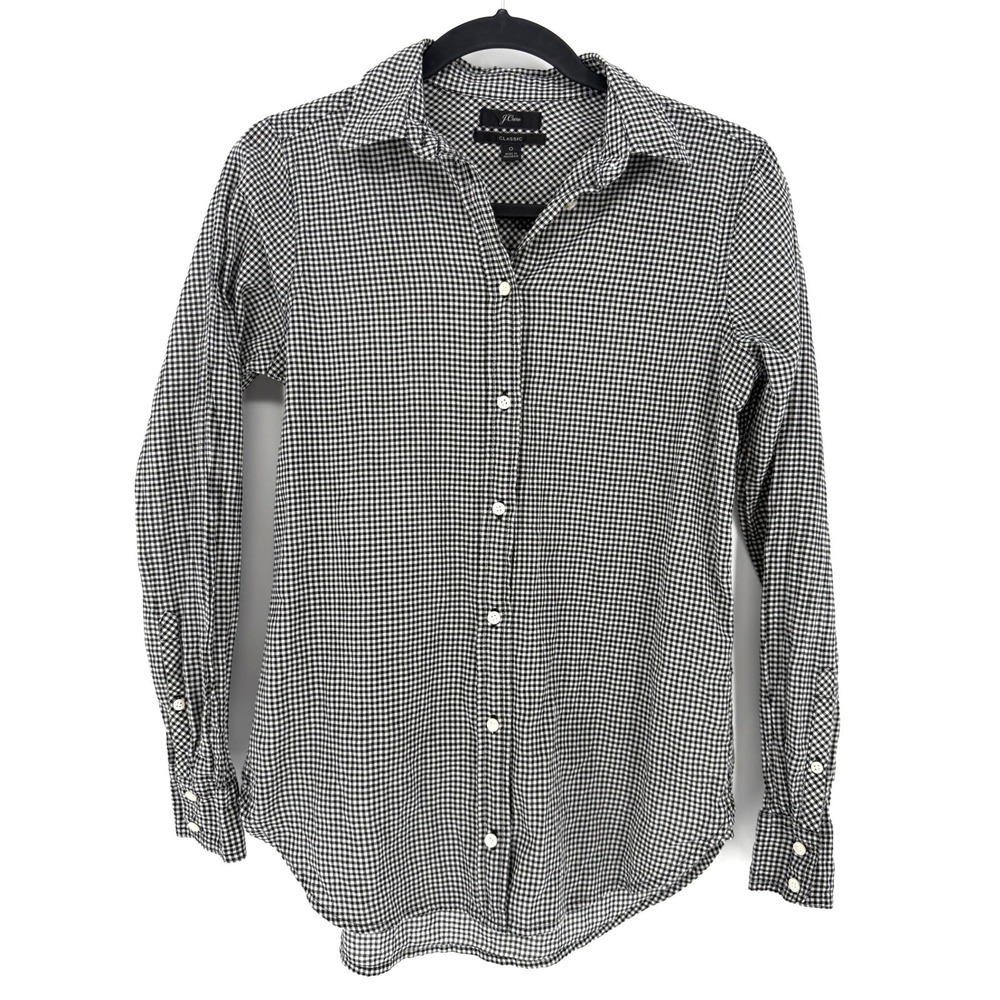 J.Crew Button Down Shirt Gingham Classic Fit 0 Black White Long Sleeve Stretch